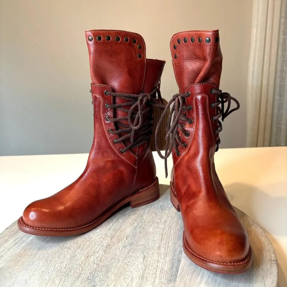 BED STU Fen Women's Leather Lace Up Combat Boots Studded Cognac Brown US 7 NWT